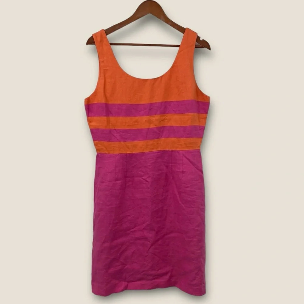 Lauren‎ Alexandra Sheath Dress Womens Size 14 Linen Pink Orange Colorblock Vtg